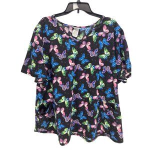 Scrub Star Women's 3XL Butterfly Print Scrub Top Pockets Stretch Nurse Top